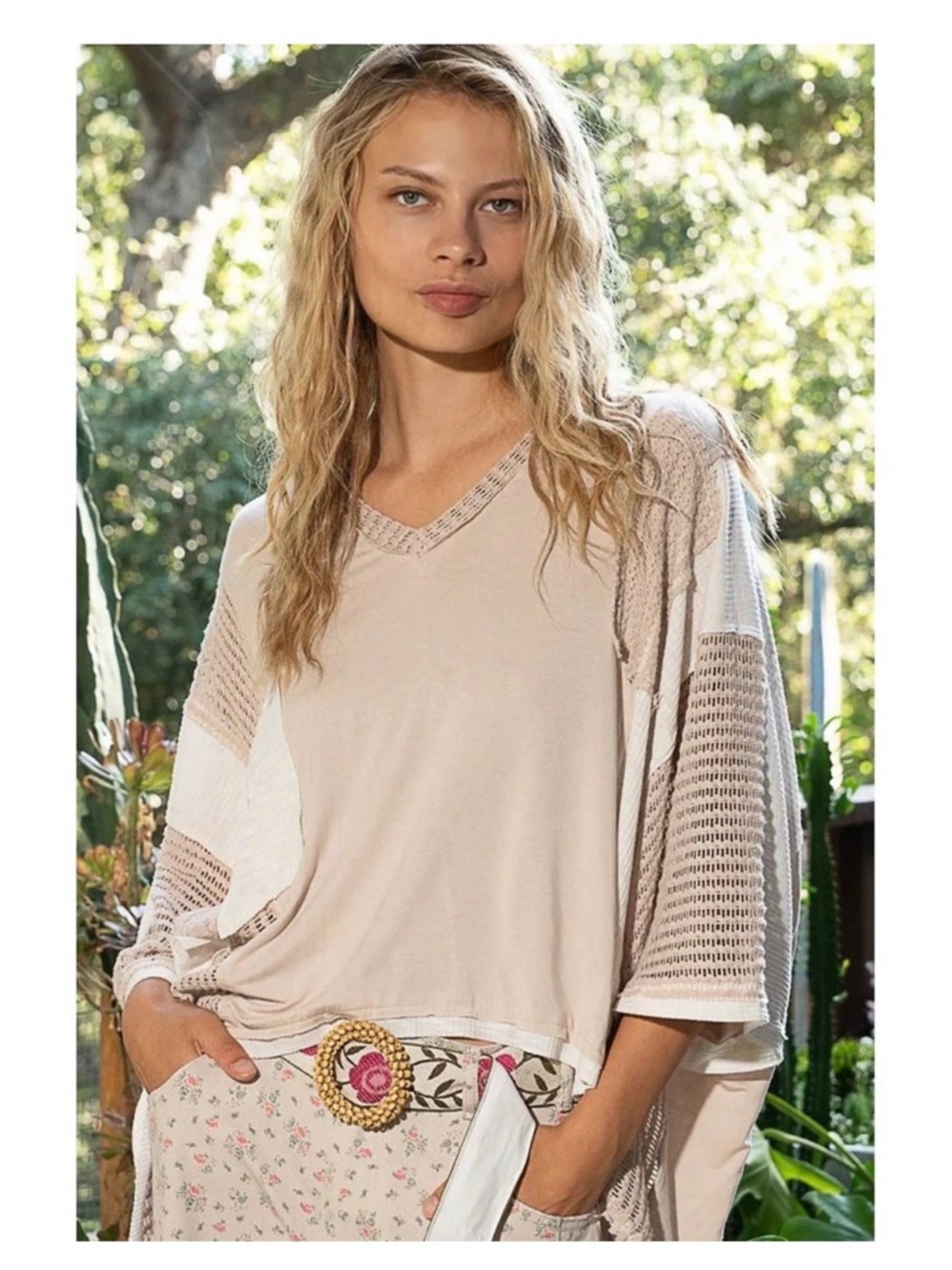 POL Neutral Knit Top in Beige and White